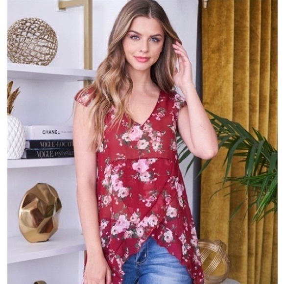 WINE FLORAL PRINT BOHO ASYMMETRICAL HI-LO FLOWY TOP - Picture 2 of 5